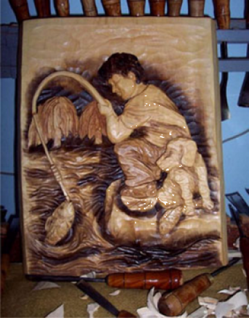 Sculptura Baiat pescar cu catel de la Marincu George