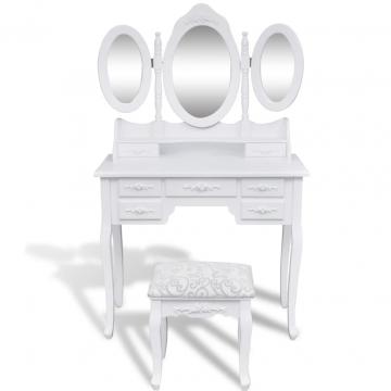 Masa de toaleta cu taburet si 3 oglinzi, alb de la VidaXL