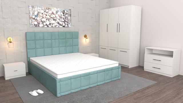 Dormitor Regal turcoaz alb cu comoda TV alba de la Wizmag Distribution Srl
