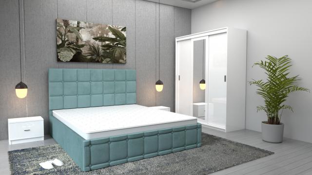Dormitor Regal turcoaz alb cu dulap Royal alb, pat de la Wizmag Distribution Srl