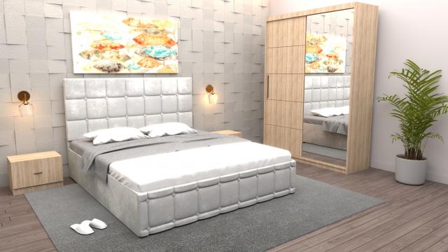 Dormitor Regal cu pat tapitat alb stofa cu dulap de la Wizmag Distribution Srl