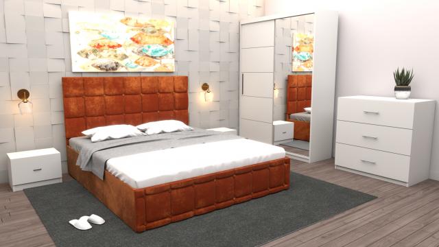 Dormitor Regal cu pat tapitat caramiziu stofa cu dulap