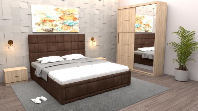 Dormitor Regal cu pat tapitat maro stofa cu dulap usi