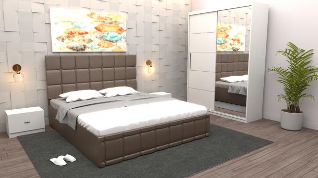 Dormitor Regal cu pat tapitat maro imitatie piele cu dulap de la Wizmag Distribution Srl