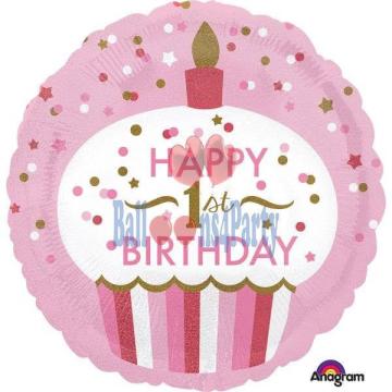 Balon folie briosa roz happy Birthday Prima aniversare 1 an