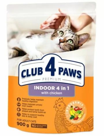 Hrana pisici Club 4 Paws Cat Adult Indoor 4 in 1 cu pui 900g de la Club4Paws Srl