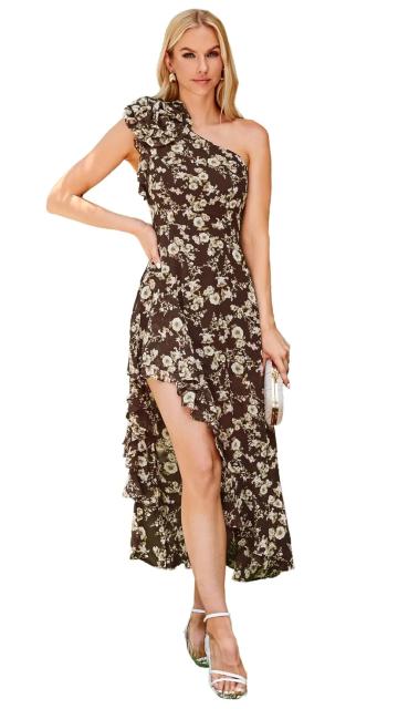 Rochie eleganta lunga, pe un umar, cu fante, fara maneci, L