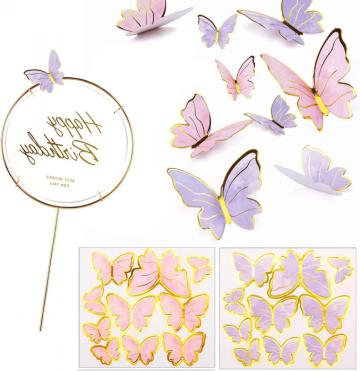 Decor tort aniversar Fluturi colorati , set 20 bucati