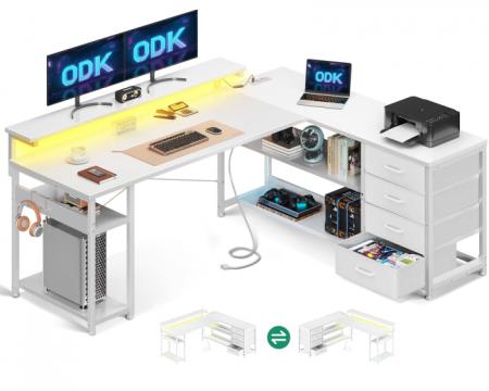 Birou alb de colt, cu sertare, din ODK, reversibil