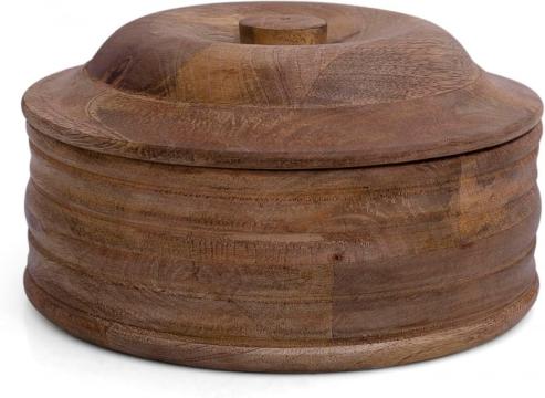 Cutie ornamentala rotunda cu capac sculptata in lemn maro de la Molifag Srl