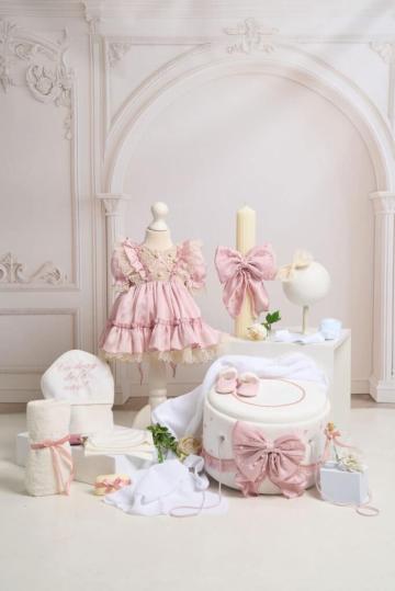 Set complet botez (trusou) - Borangic - roz (maneca scurta)