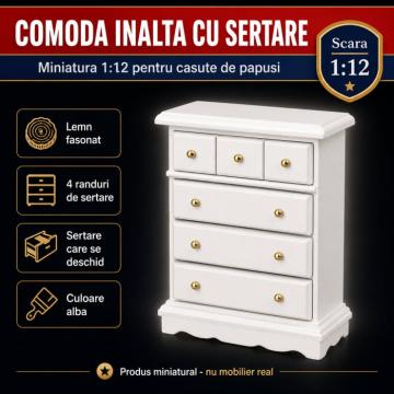 Comoda inalta cu sertare alba, miniatura 1:12 pentru casute de la Hobbyplanet Romania