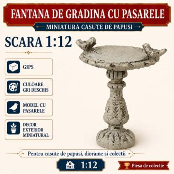 Miniatura Fantana gradina cu pasarele din gips gri deschis de la Hobbyplanet Romania