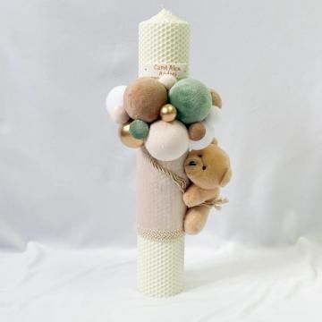 Lumanare de botez handmade cu Ursulet olive bej