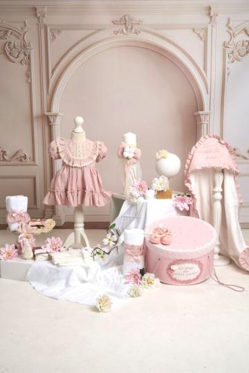 Set complet botez (trusou) - Ludmila - roz (maneca scurta)