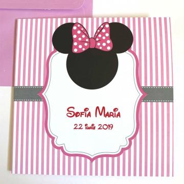 Invitatie botez Minnie Mouse cu fundita de la Simonne